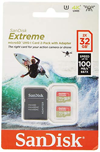 SanDisk Extreme 32 GB microSDhC Memory Card for Action Cameras and Drones with A1 App Performance up to 100 MB/s, Class 10, U3, V30 - Twin Pack von SanDisk