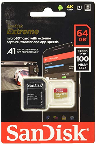 SanDisk Extreme 64 GB microSDXC Speicherkarte + SD-Adapter bis zu 100 MB/Sek, Gold/Rot, Class 10, U3, V30, A1 von SanDisk