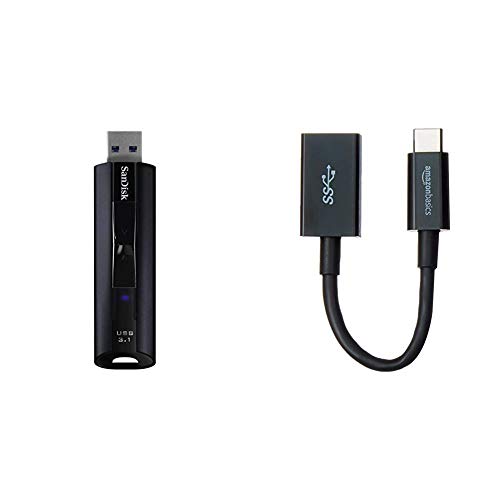 SanDisk Extreme PRO 128GB Solid State USB-Flash-Laufwerk USB 3.1 & Amazon Basics - Adapterkabel, USB-Typ-C-Stecker auf USB-Buchse, USB 3.1, 1. Generation, Schwarz von SanDisk