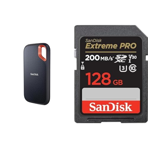 SanDisk Extreme Portable SSD 2 TB, Schwarz & Extreme PRO SDXC UHS-I Speicherkarte 128 GB (V30, Übertragungsgeschwindigkeit 200 MB/s, U3, 4K UHD Videos von SanDisk