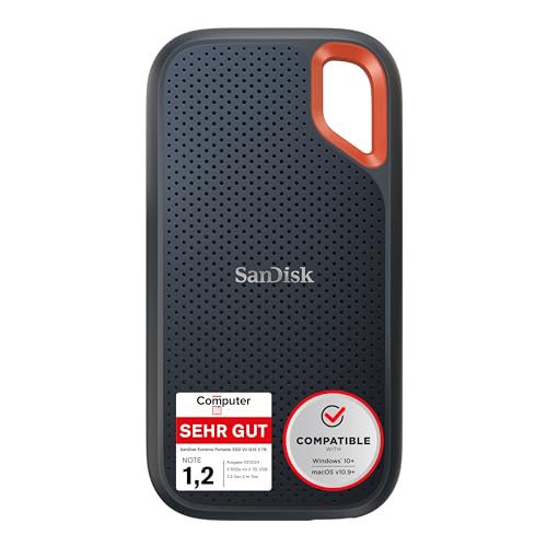 SanDisk Extreme Portable SSD 2 TB (tragbare NVMe SSD, USB-C, bis zu 1.050 MB/s Lesegeschwindigkeit und 1.000 MB/s Schreibgeschwindigkeit, wasser- und staubbeständig) Schwarz von SanDisk