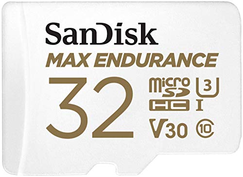 SanDisk MAX ENDURANCE Video Monitoring for Dashcams & Home Monitoring 32 GB microSDHC Memory Card + SD Adaptor 15,000 Hours Endurance, White von SanDisk