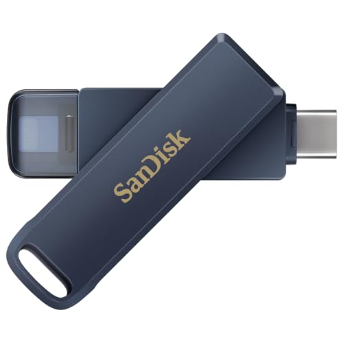 SanDisk Phone Drive, Flash-Laufwerk 2-in-1, iPhone Speicher 128GB (Für iPhone, iPad, PC & Mac, Automatisches Backup, Lightning und USB Type-C Anschluss, Passortschutz, Verschlüsselung) Metallic Sky von SanDisk