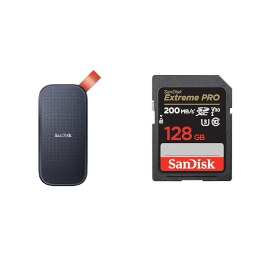 SanDisk Portable SSD 2 TB (Externe SSD 2,5 Zoll, 520 MB/s Übertragungsraten) grau & Extreme PRO SDXC UHS-I Speicherkarte 128 GB (V30, Übertragungsgeschwindigkeit 200 MB/s, U3, 4K UHD Videos) von SanDisk