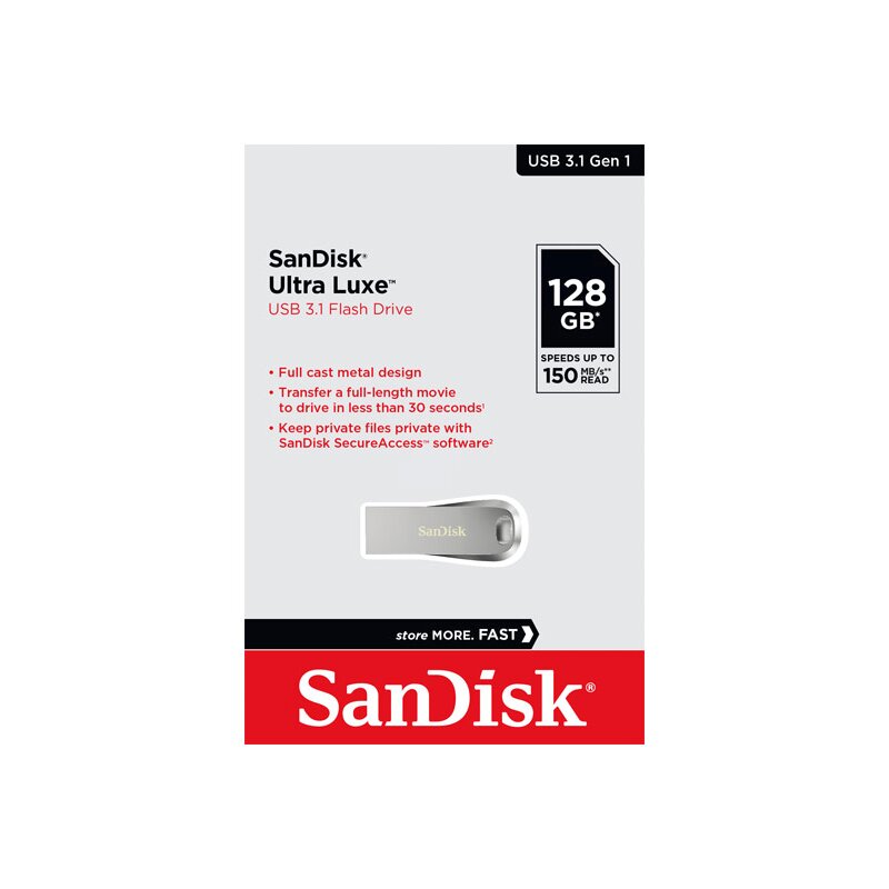 SanDisk USB 3.1 Stick 128GB, Ultra Luxe Typ-A, (R) 150MB/s, SecureAccess, Retail-Blister von SanDisk