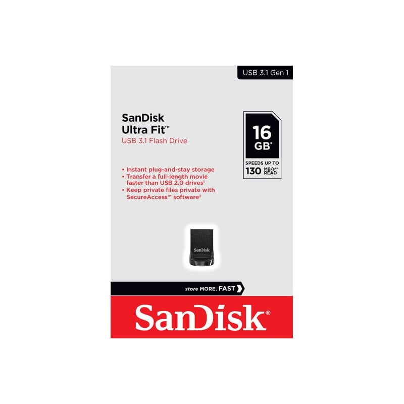 SanDisk USB 3.1 Stick 16GB, Ultra Fit Typ-A, (R) 130MB/s, (W) 60MB/s, Retail-Blister von SanDisk