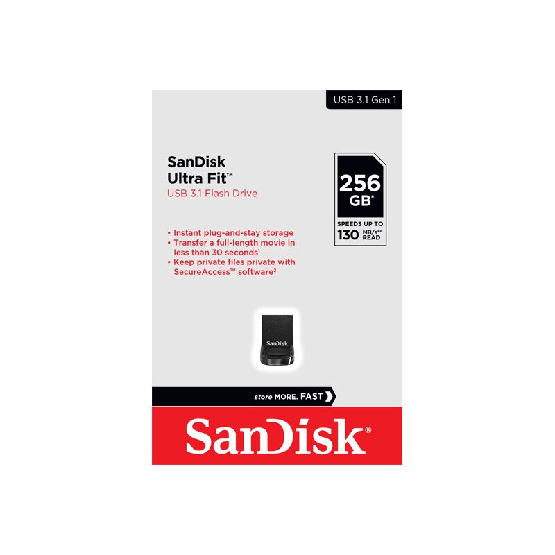 SanDisk USB 3.1 Stick 256GB, Ultra Fit Typ-A, (R) 130MB/s, (W) 60MB/s, Retail-Blister von SanDisk