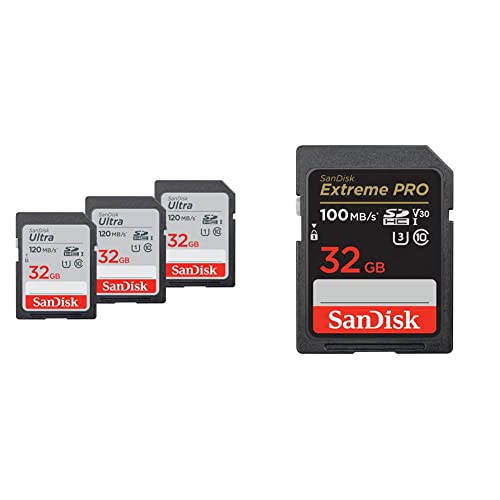 SanDisk Ultra SDHC UHS-I Speicherkarte 32 GB 3er-Pack & Extreme PRO SDHC UHS-I Speicherkarte 32 GB (V30, Übertragungsgeschwindigkeit 100 MB/s, U3, 4K UHD Videos, temperaturbeständig) von SanDisk