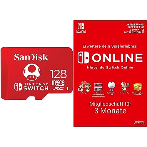 SanDisk microSDXC UHS-I Speicherkarte für Nintendo Switch 128 GB (V30, U3, C10, A1, 100 MB/s) + Nintendo Switch Online Mitgliedschaft - 3 Monate | Switch Download Code von SanDisk