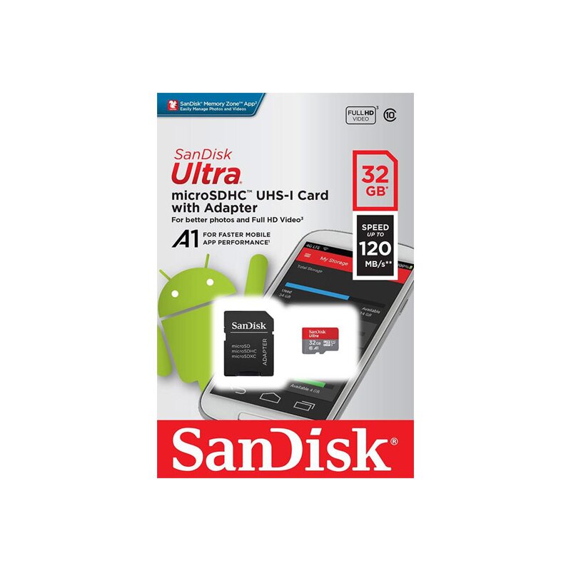 microSDHC Card 32GB, Ultra, Class 10, U1, A1 + SD-Adapter von SanDisk