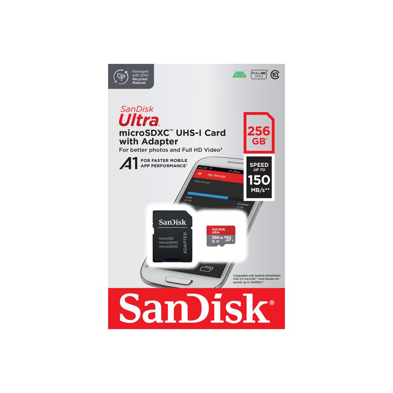 microSDXC Card 256GB, Ultra, Class 10, U1, A1 + SD-Adapter von SanDisk