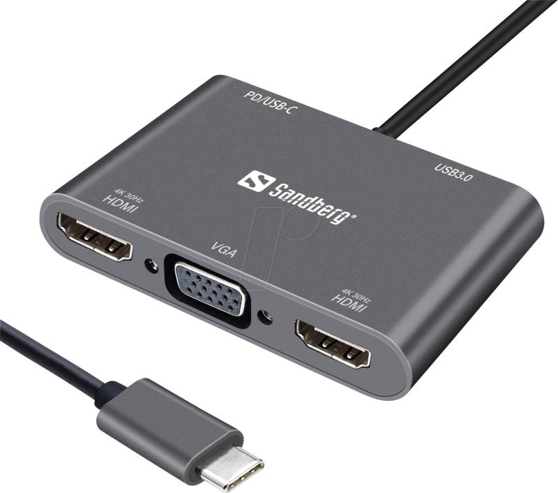 SANDBERG 136-35 - Adapter USB-C > 2x HDMI + VGA + USB 3.0 + PD, 4K von Sandberg