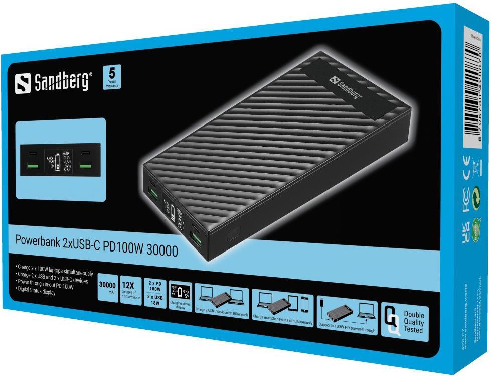 Sandberg Powerbank 2xUSB-C PD100W 30000 Lithium-Ion (Li-Ion) 30000 mAh Schwarz (420-87) von Sandberg