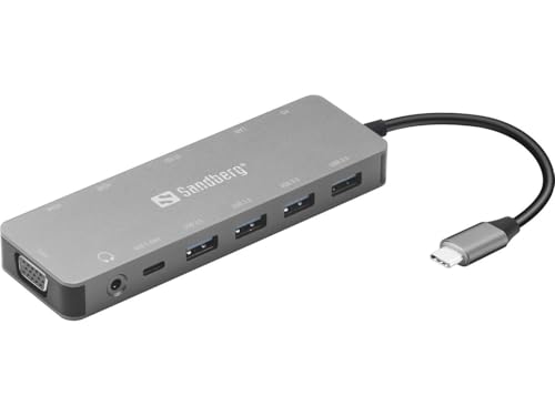 Sandberg USB-C 13-in-1 Travel Dock, USB-C Hub mit 4X USB-A 1x USB-C 2X HDMI VGA Ethernet Audio Speicherkartensteckplatz 1x USB-C (100W), Dreifacher digitaler Ausgang, Multiport-Adapter für Laptop von Sandberg