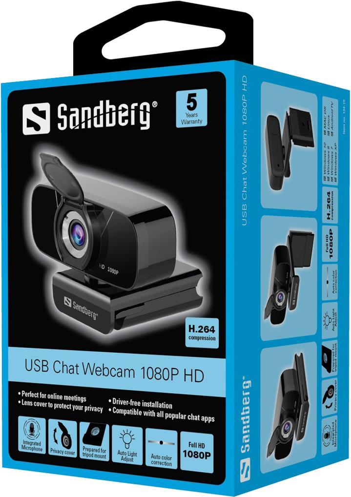 Sandberg USB Chat Webcam 1080P HD - Web-Kamera - Farbe - 2 MP - 1920 x 1080 - 1080p - Audio - USB2.0 - MJPEG, H.264, YUV (134-15) von Sandberg