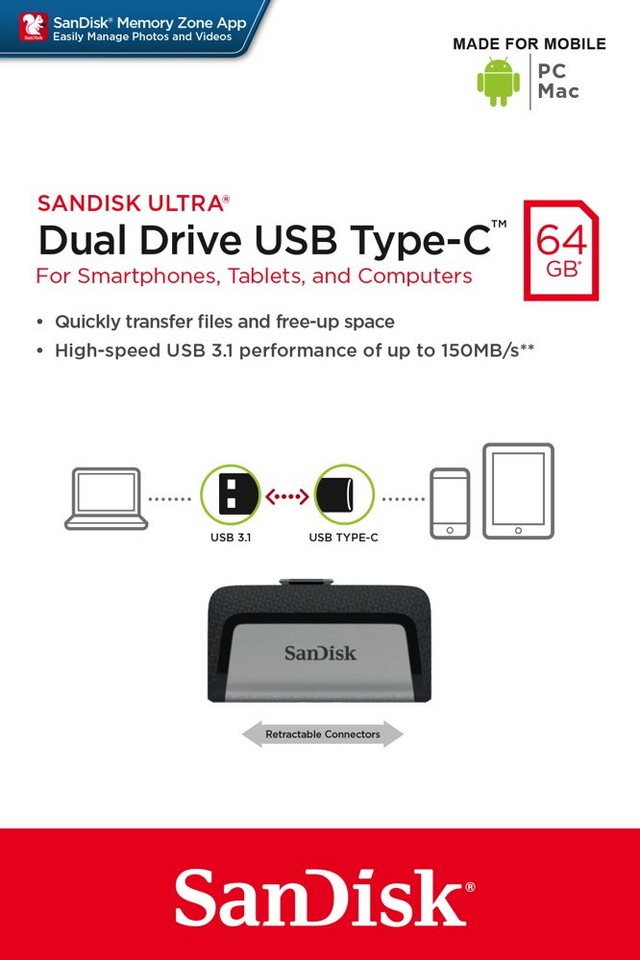 Sandisk 64GB Speicherstick Ultra Dual Drive silber Typ C USB 3.1 mit USB 3.1 USB-Stick Sandisk 64GB Speicherstick Ultra Dual Drive silber Typ C USB 3.1 mit USB 3.1 USB-Stick von Sandisk