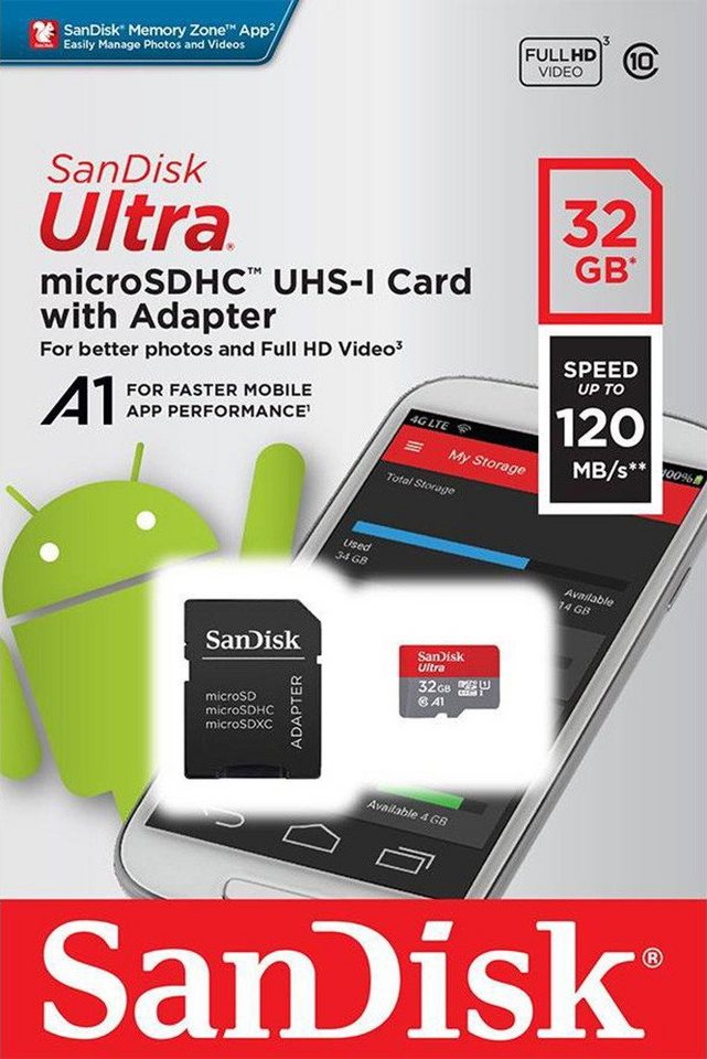 Sandisk Micro SDHC Karte 32GB Ultra Android UHS-I U1 120 MB/s A1 Class 10 Speicherkarte Sandisk Micro SDHC Karte 32GB Ultra Android UHS-I U1 120 MB/s A1 Class 10 Speicherkarte von Sandisk