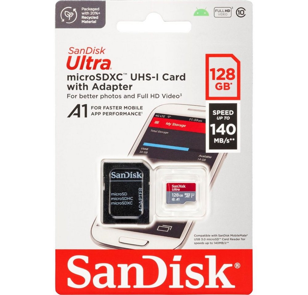 Sandisk Micro SDXC Karte 128GB Ultra Android UHS-I U1 140 MB/s A1 Class 10 Speicherkarte Sandisk Micro SDXC Karte 128GB Ultra Android UHS-I U1 140 MB/s A1 Class 10 Speicherkarte von Sandisk