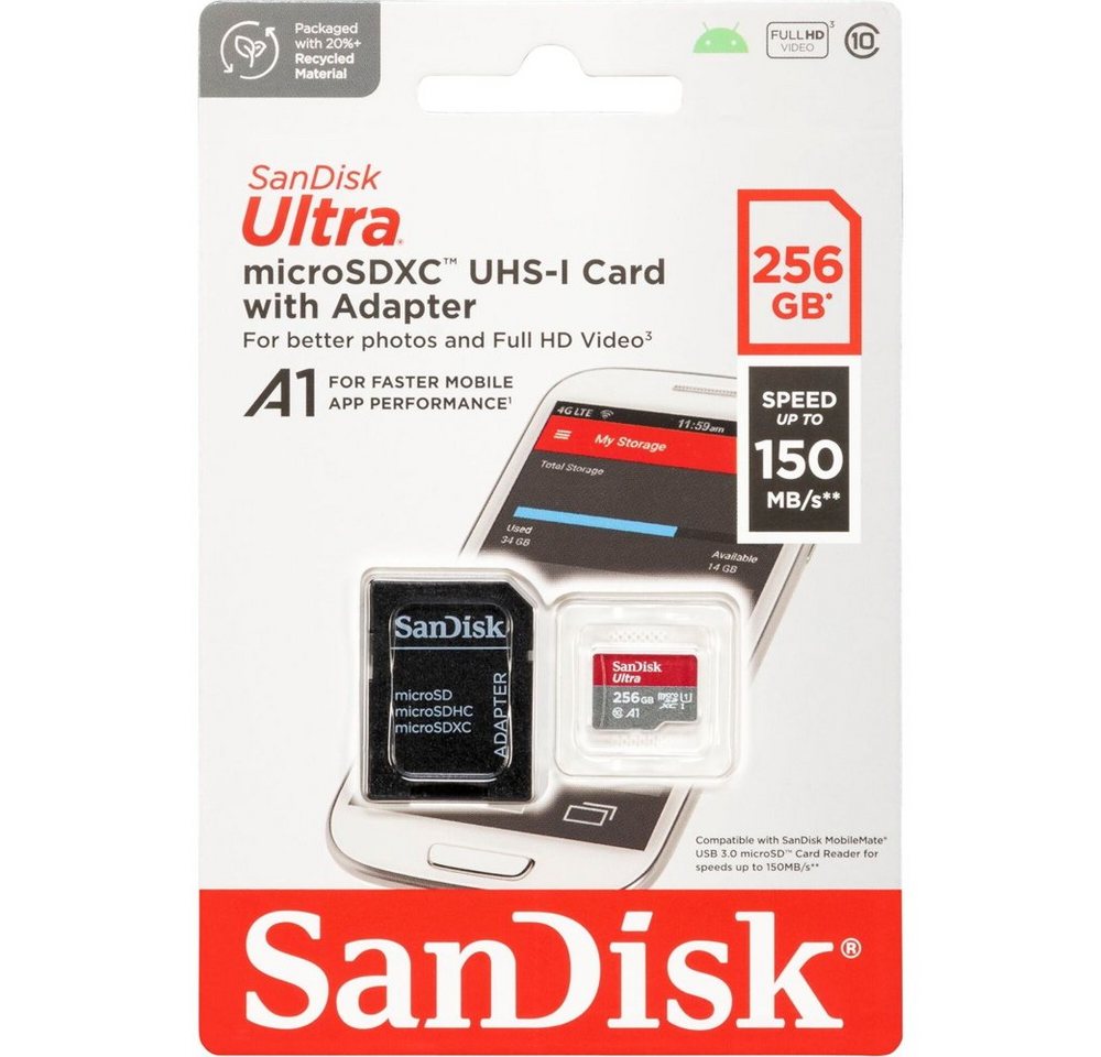 Sandisk Micro SDXC Karte 256GB Ultra Android UHS-I U1 150 MB/s A1 Class 10 Speicherkarte Sandisk Micro SDXC Karte 256GB Ultra Android UHS-I U1 150 MB/s A1 Class 10 Speicherkarte von Sandisk