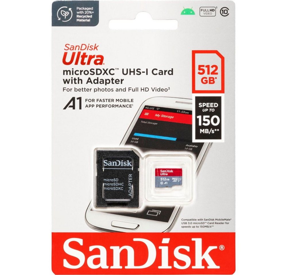Sandisk Micro SDXC Karte 512GB Ultra Android UHS-I U1 150 MB/s A1 Class 10 Speicherkarte Sandisk Micro SDXC Karte 512GB Ultra Android UHS-I U1 150 MB/s A1 Class 10 Speicherkarte von Sandisk