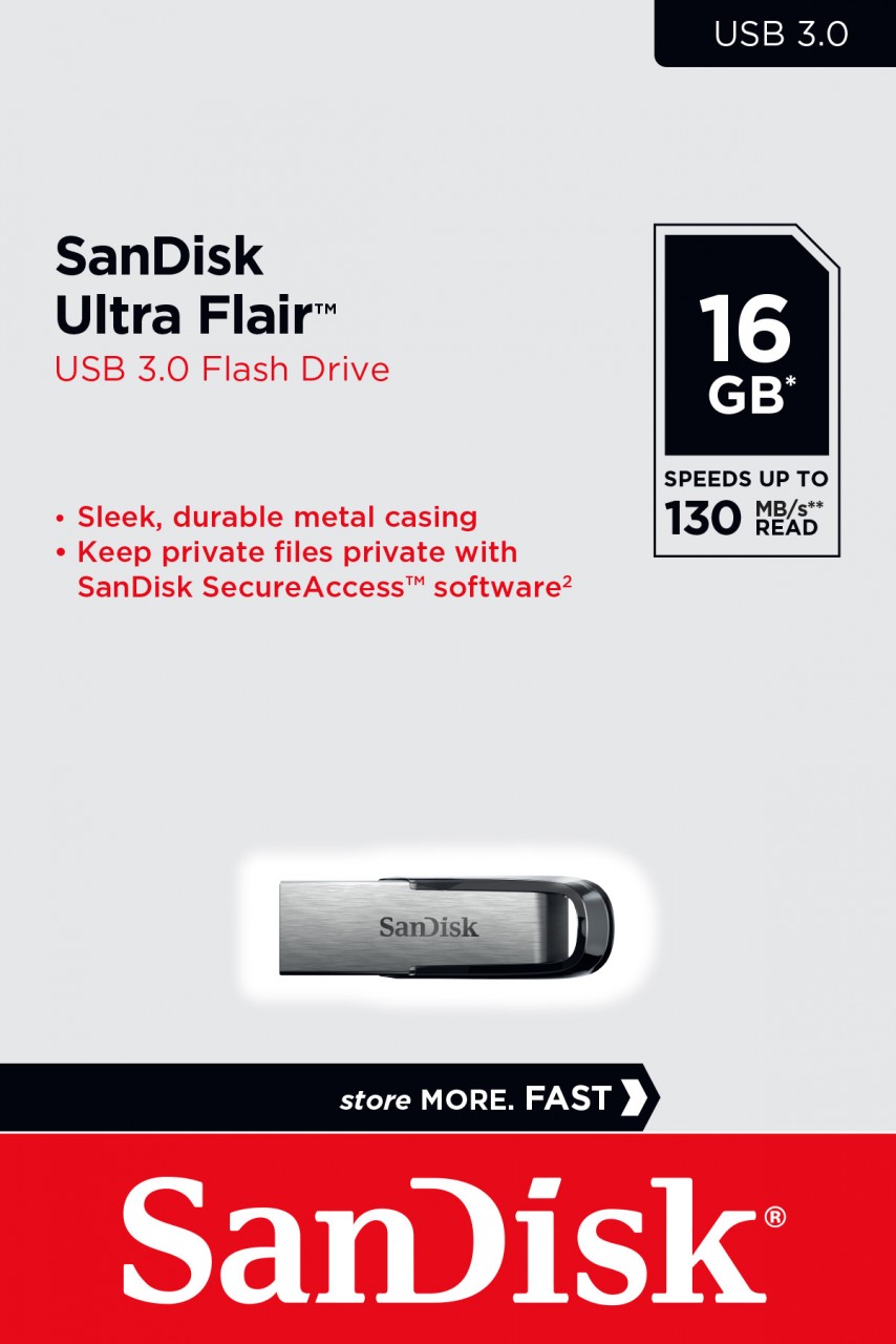 Sandisk USB 3.0 Stick 16GB, Ultra Flair Typ-A, (R) 130MB/s, SecureAccess, Retail-Blister von Sandisk