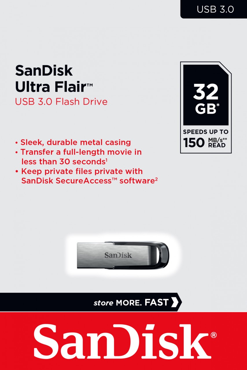 Sandisk USB 3.0 Stick 32GB, Ultra Flair Typ-A, (R) 150MB/s, SecureAccess, Retail-Blister von Sandisk