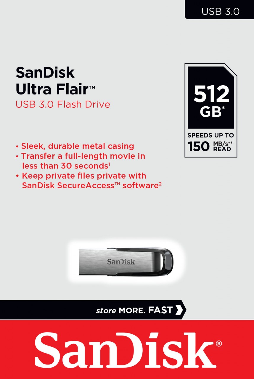 Sandisk USB 3.0 Stick 512GB, Ultra Flair Typ-A, (R) 150MB/s, SecureAccess, Retail-Blister von Sandisk