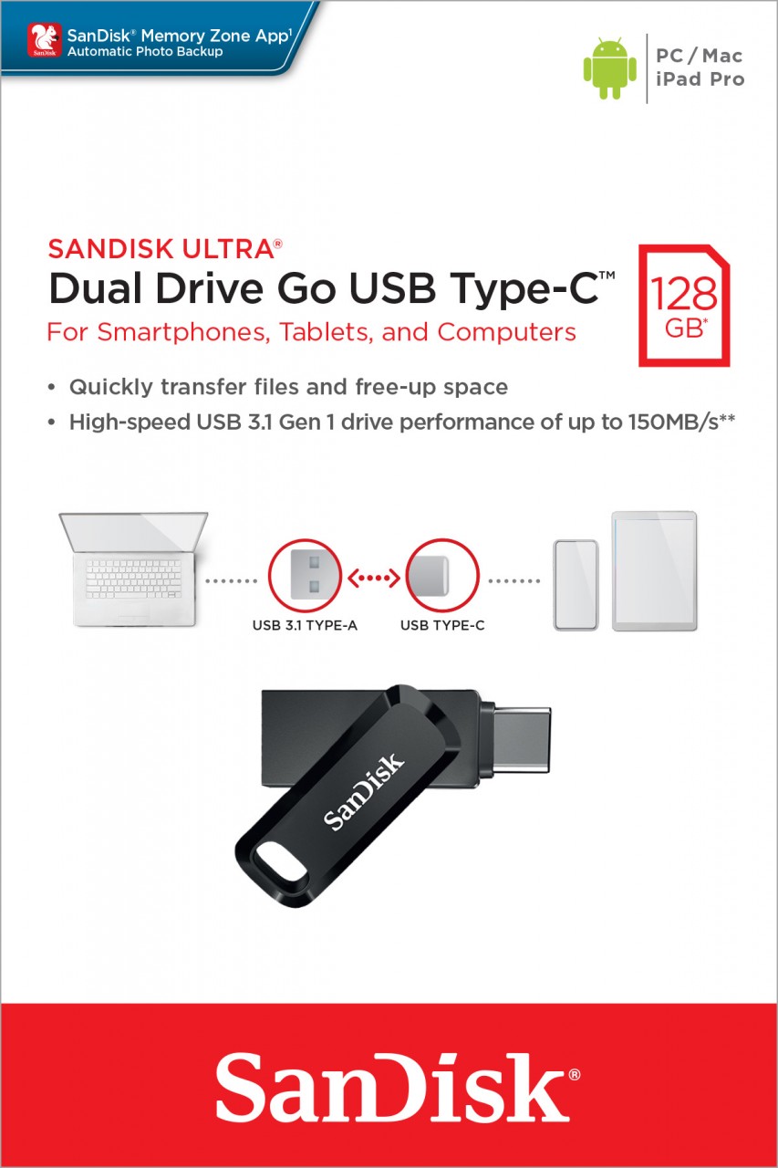 Sandisk USB 3.1 OTG Stick 128GB, Ultra Dual Go Typ-A-C, (R) 150MB/s, Memory Zone, Retail-Blister von Sandisk