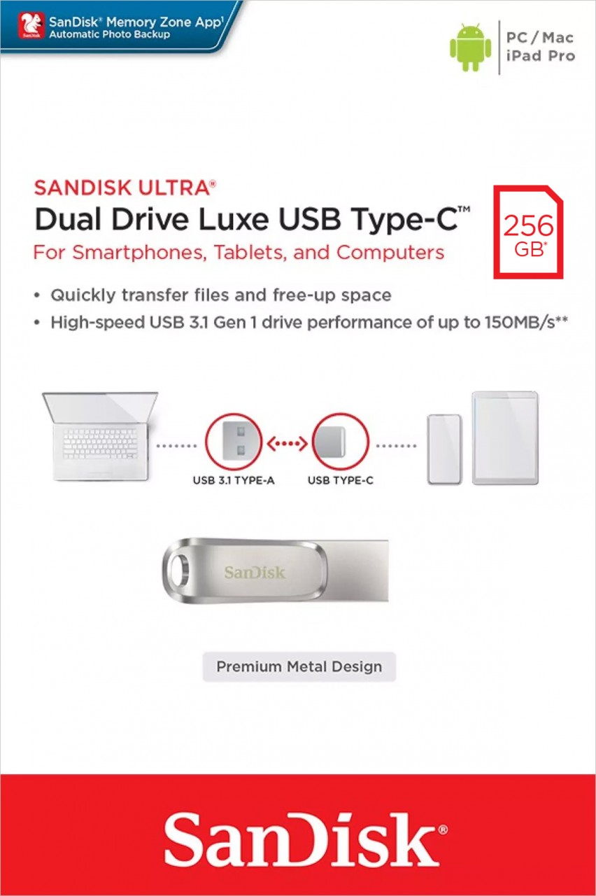 Sandisk USB 3.1 OTG Stick 256GB, Dual Drive Luxe Typ-A-C, (R) 150MB/s, Memory Zone, Retail-Blister von Sandisk