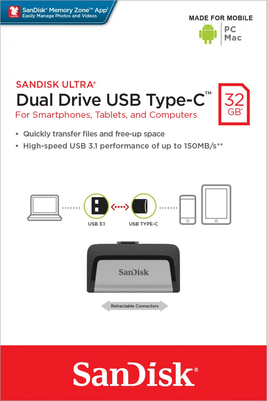 Sandisk USB 3.1 OTG Stick 32GB, Ultra Dual Drive Typ-A-C, (R) 150MB/s, Memory Zone, Retail-Blister von Sandisk