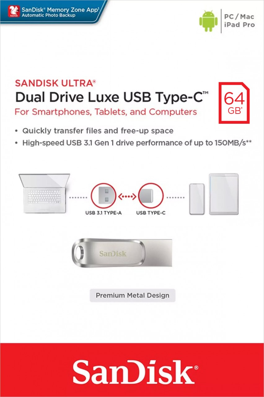Sandisk USB 3.1 OTG Stick 64GB, Dual Drive Luxe Typ-A-C, (R) 150MB/s, Memory Zone, Retail-Blister von Sandisk