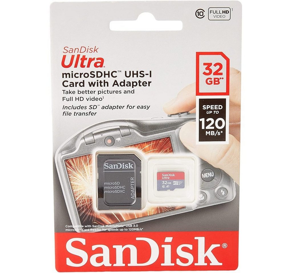 Sandisk Ultra microSDHC 32GB 120MB/s A1 Class 10 UHS-I + S Speicherkarte Sandisk Ultra microSDHC 32GB 120MB/s A1 Class 10 UHS-I + S Speicherkarte von Sandisk
