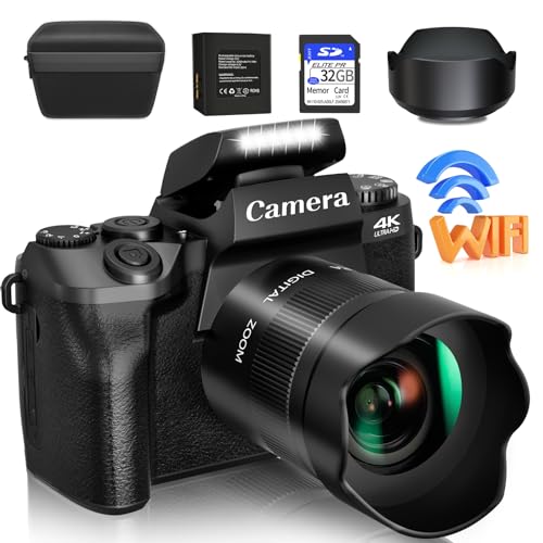 Saneen - Digitalkamera, 4 K für Fotografie und Video, 64 MP WiFi Touch Display Vlogging Kamera für YouTube mit Blitz, 32 GB SD-Karte, Objektivhaube, 3000 mAh Akku, Kameras von Saneen
