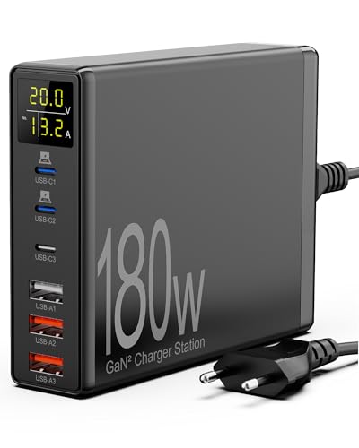 Sanicata 180w 6-Port USB Ladegerät Mehrfach, USB C Schnellladegerät mit LCD Bildschirm, USB C Netzteil GaN USB Ladestation für MacBook iPad iPhone 14/13/12/Pro/Max Samsung Galaxy S22 von Sanicata