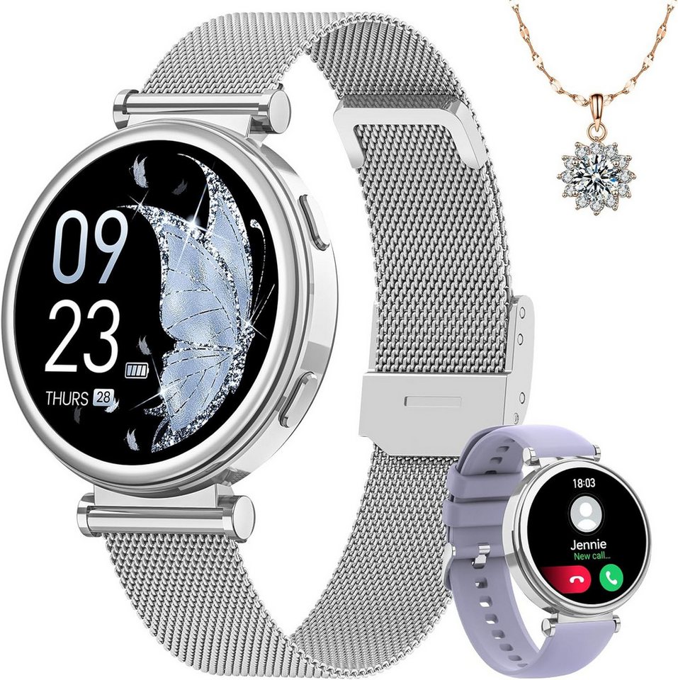 Sanorum Damen Smartwatch 1,47" mit Halskette als Geschenk SpO2, Puls Smartwatch (3,73 cm/1,47 Zoll) Damen Fitness-Tracker mit Pulsmesser und Zyklusfunktion, Smartwatch mit Ladekabel, Anleitung, Geschenkverpackung, Damen Smartwatch mit Telefonfunktion und Zykluserinnerung von Sanorum