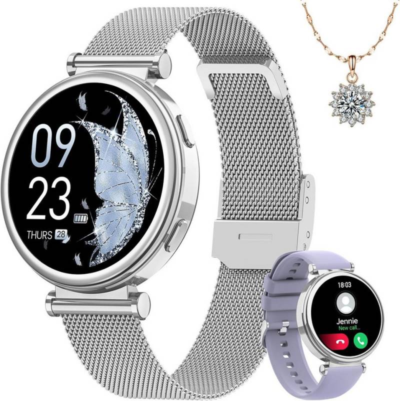 Sanorum Damen Smartwatch 1,47" mit Halskette als Geschenk SpO2, Puls Smartwatch (3,73 cm/1,47 Zoll) Damen Fitness-Tracker mit Pulsmesser und Zyklusfunktion, Smartwatch mit Ladekabel, Anleitung, Geschenkverpackung, Damen Smartwatch mit Telefonfunktion und Zykluserinnerung von Sanorum