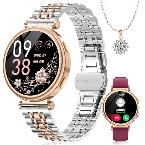 Sanorum Smartwatch Damen, 1.27" HD Voll Touchscreen Armbanduhr mit Telefonfunktion, Geschenk Damen Menstruationszyklus SpO2 Pulsuhr Schrittzähler Kalorien Fitness Tracker IP68 iOS Android Gold/Silber von Sanorum