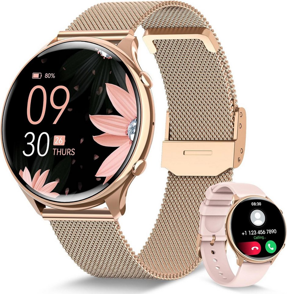 Sanorum Smartwatch Damen mit Telefonfunktion Smartwatch (3.35 cm/1.32 Zoll, Ultra-HD-Display) IP68 Wasserdicht Fitnesstracker, mit SpO2,Pulsuhr,Menstruationszyklus,Schlafmonitor,Schrittzähler, für iOS und Android von Sanorum