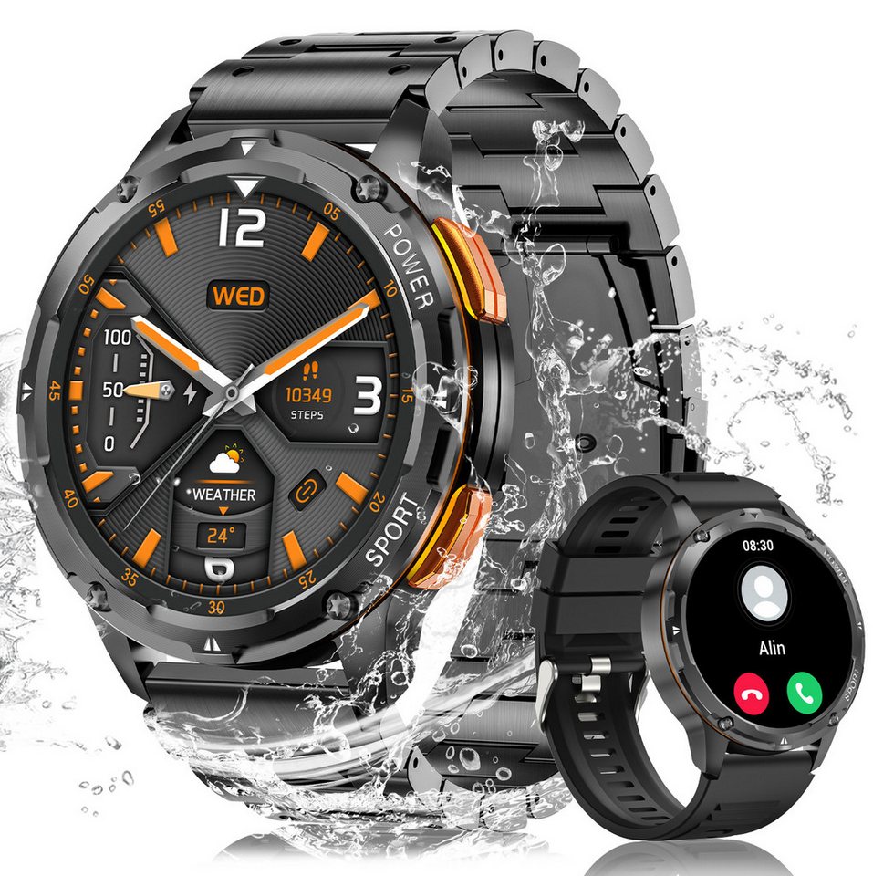 Sanorum Smartwatch Herren mit Telefonfunktion AMOLED Militär Smartwatch Smartwatch (3.63 cm/1.43 Zoll, HD TouchScreen) mit Herzfrequenz Schlafüberwachung SpO2, 100+ Sportmodi, 5ATM Wasserdicht, Fitnessuhr Smart Watch für Android iOS von Sanorum