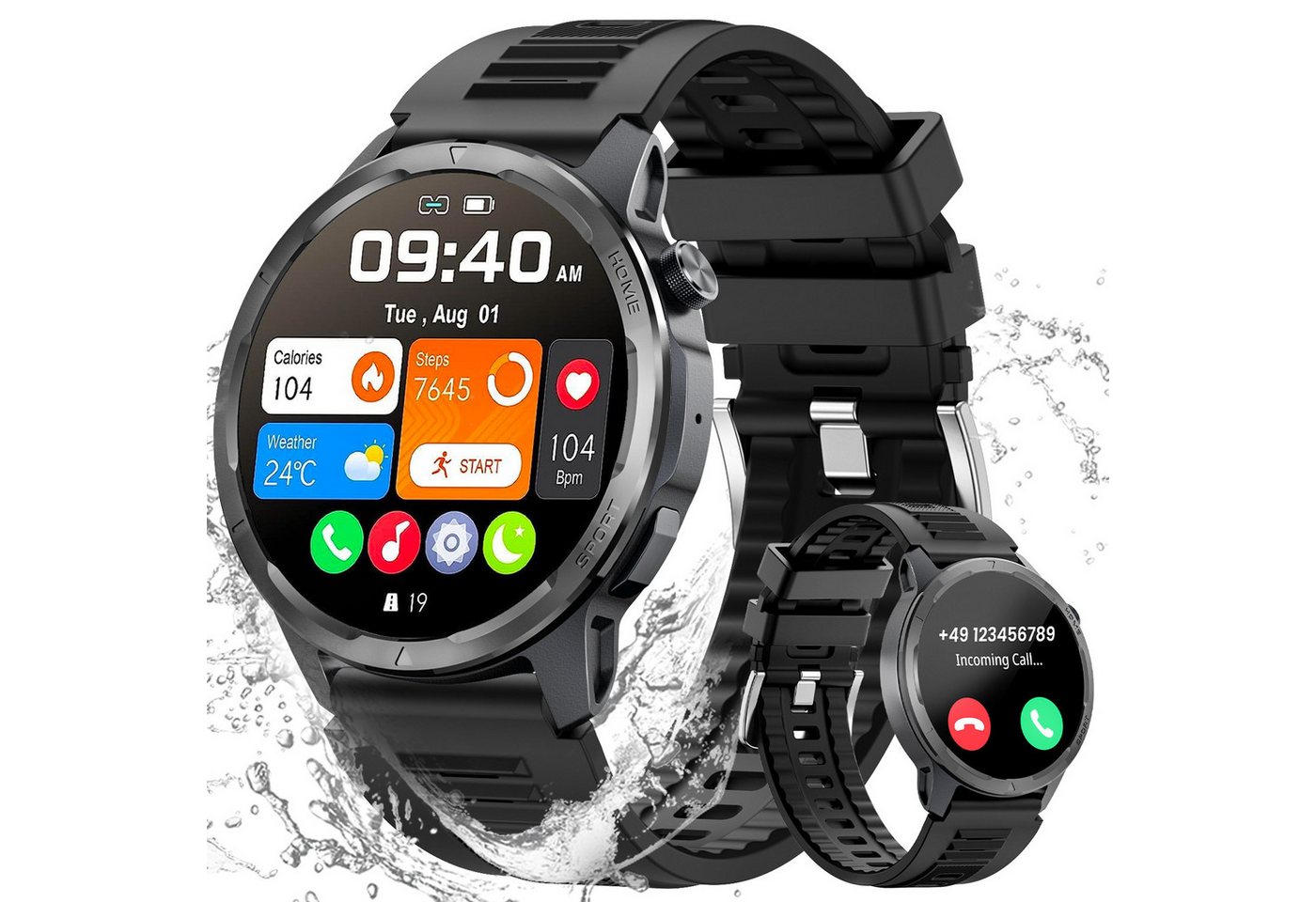 Sanorum Smartwatch Herren mit Telefonfunktion Smartwatch (3.53 cm/1.39 Zoll, HD-Touchscreen) mit 100 Sportmodi, IP68 Wasserdichte Fitnessuhr Tracker, mit Schlafmonitor Schrittzähler Pulsuhr SpO2 von Sanorum