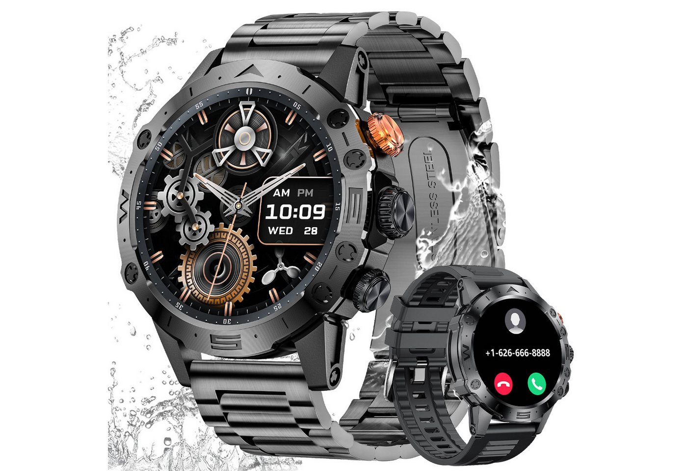 Sanorum Smartwatch Herren mit Telefonfunktion Smartwatch (3.88 cm/1.53 Zoll, Touchscreen und Sprachassistent) mit 24/7 Herzfrequenz, SpO2, Schlafüberwachung, IP68/5ATM Wasserdicht 100+ Sportmodi Fitness Watch, für iOS/Android/Silikonarmbänder von Sanorum