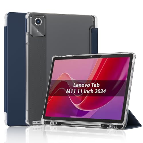 Sanyetral Tablet-Schutzhülle für Lenovo Tab M11 (TB-330FU/TB-330XU), Premium-PU-Leder, dreifach faltbar, Ständer, Polycarbonat, transparent, mattiert, Rückseite mit Stifthalter und automatischer Wake von Sanyetral
