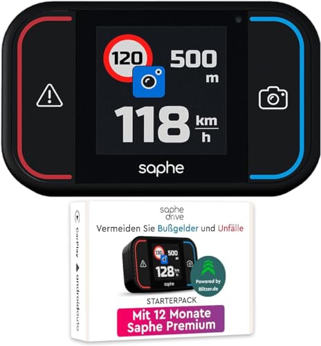 Saphe Drive Pro Blitzerwarner für das Auto mit Farbdisplay – CarPlay und Android Auto kompatibel – Zeigt Blitzer und Gefahren – Daten von Blitzer.de – Inkl. 12 Monatsabo von Saphe