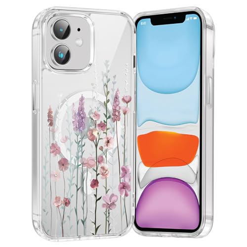 Saqmkil Handyhülle Magnetische für iPhone 11 6,1" Hülle,Kompatibel mit MagSafe, Durchsichtig Aesthetic Muster Blumen Mädchen Case, Transparent Weich Silikon TPU Bumper Stoßfeste Schutzhülle Cover, 03 von Saqmkil