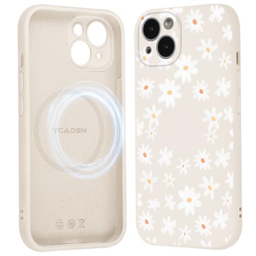 Saqmkil Handyhülle Magnetische für iPhone 13 6,1" Hülle, Aesthetic Muster Blumen Mädchen Case Kompatibel mit MagSafe, Weich Flüssigem Silikon TPU Bumper Stoßfeste Kratzfest Schutzhülle Cover, Beige von Saqmkil