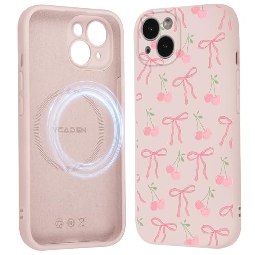 Saqmkil Handyhülle Magnetische für iPhone 13 6,1" Hülle, Aesthetic Muster Schleifen Kirsche Mädchen Case Kompatibel mit MagSafe, Weich Flüssigem Silikon TPU Bumper Stoßfeste Schutzhülle Cover, Rosa von Saqmkil