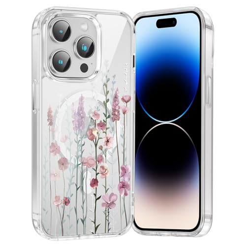 Saqmkil Handyhülle Magnetische für iPhone 14 Pro 6,1" Hülle,Kompatibel mit MagSafe, Durchsichtig Aesthetic Muster Blumen Mädchen Case, Transparent Weich Silikon TPU Bumper Stoßfeste Schutzhülle, 03 von Saqmkil