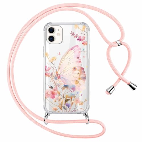 Saqmkil Handykette Handyhülle für iPhone 11 6,1" Hülle mit Band, Durchsichtig Aesthetic Muster Schmetterlinge Mädchen Case mit Kordel zum Umhängen, Weiche Silikon TPU + PC Stoßfest Bumper Schutzhülle von Saqmkil