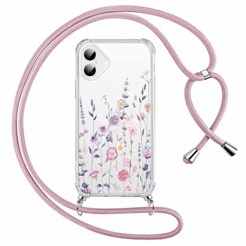 Saqmkil Handykette Handyhülle für iPhone 16 6,1" Hülle mit Band, Durchsichtig Aesthetic Muster Blumen Mädchen Case mit Kordel zum Umhängen, Transparent Weiche Silikon TPU + PC Stoßfest Schutzhülle von Saqmkil
