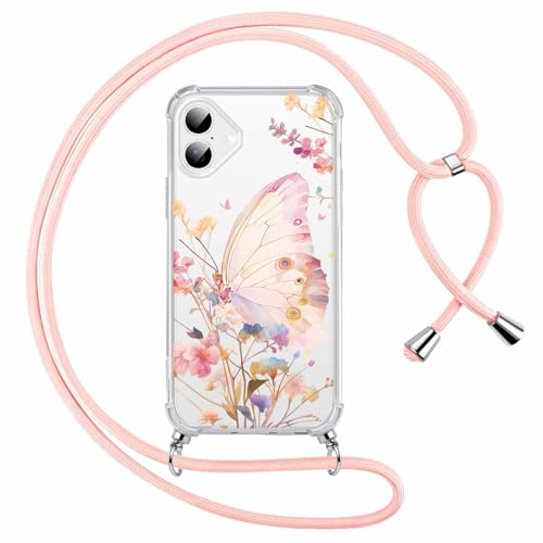 Saqmkil Handykette Handyhülle für iPhone 16 6,1" Hülle mit Band, Durchsichtig Aesthetic Muster Schmetterlinge Mädchen Case mit Kordel zum Umhängen, Weiche Silikon TPU + PC Stoßfest Bumper Schutzhülle von Saqmkil